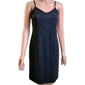Vintage 90s Sparkly Leaf Print Slip Dress- size 8- Black Floral Sheath Goth Y2K